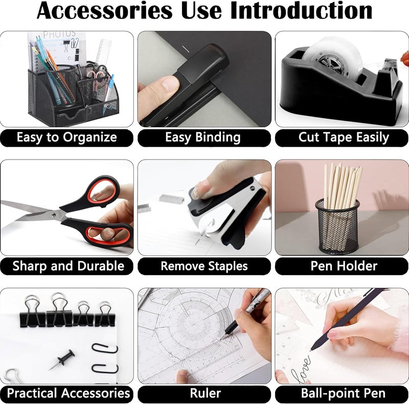 Scindaly Black Office Desk Accessories Supplies, 12pcs Desk Organizers and Accessories with Tape dispenser and Stapler,Staples,Staple Remover,Pen Holder,Scissor,Ruler,Sticky Tabs,Tape,Ballpoint Pen,Clips Set - Image 3